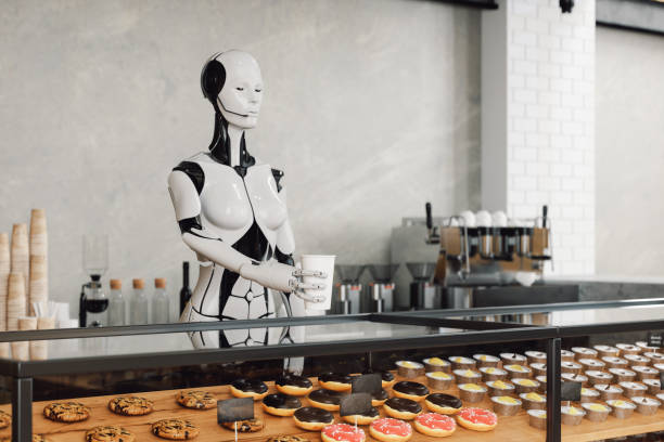 Humanoid robot with artificial intelligence preparing coffee in a coffee shop.