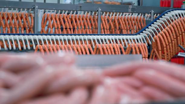 Sausages hanging on racks in an automated production line within a meat processing plant, highlighting industrial efficiency and mass production.