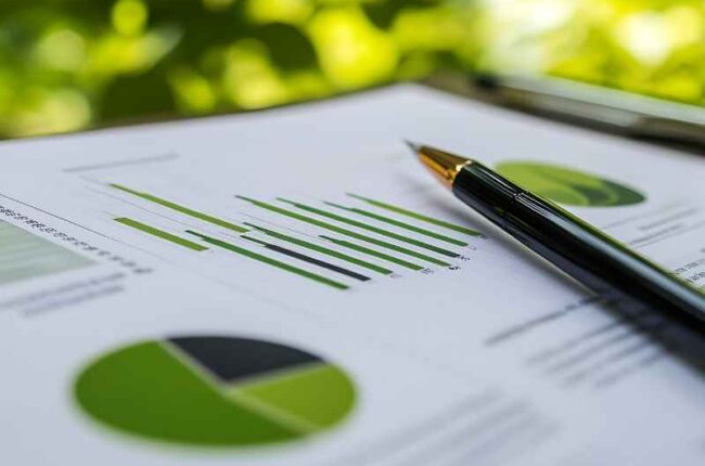 Close-up of green bar charts and pie charts on a corporate report, symbolizing ESG data disclosure and sustainability performance analysis.