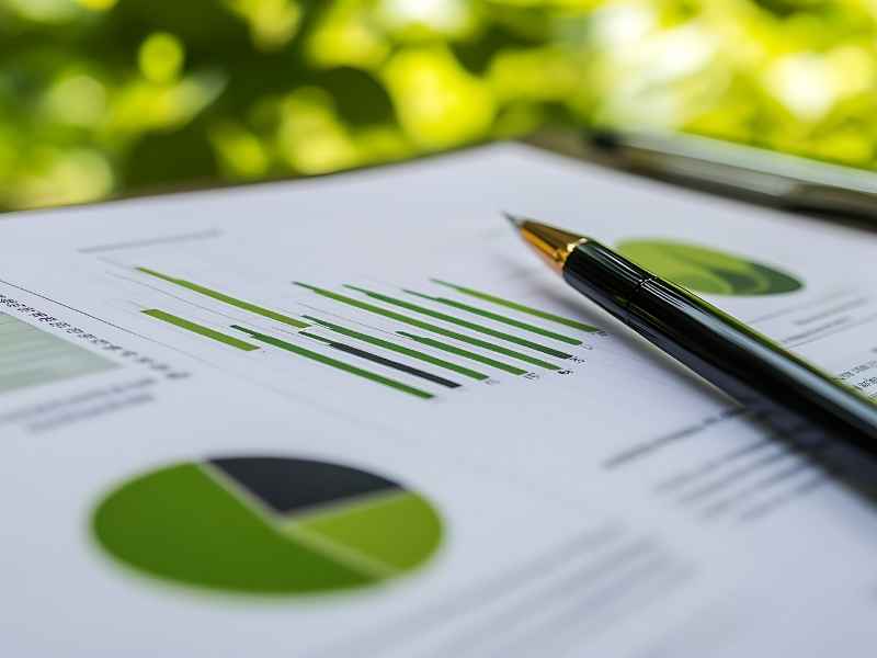 Close-up of green bar charts and pie charts on a corporate report, symbolizing ESG data disclosure and sustainability performance analysis.