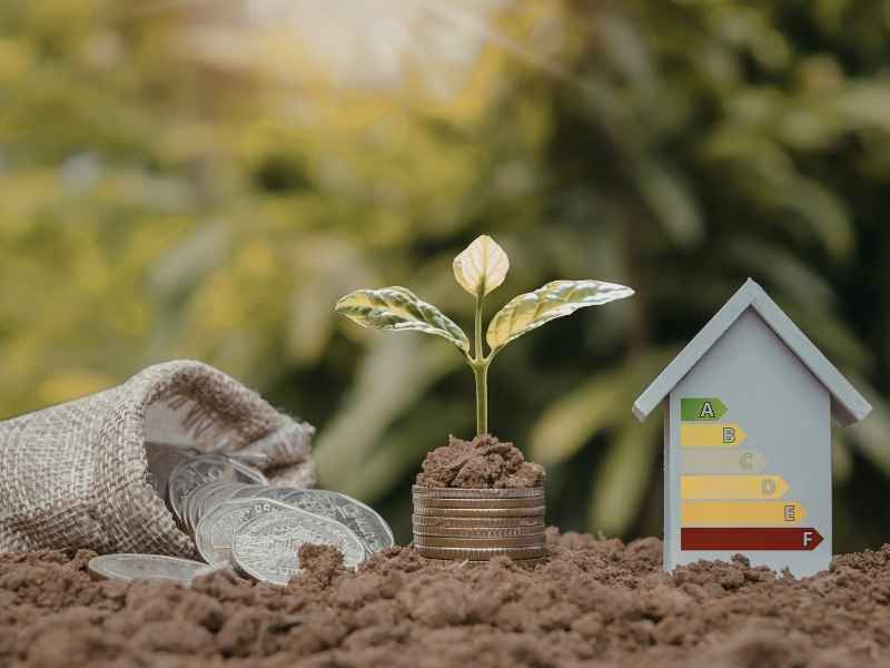 Coins stacked with a growing plant and an energy efficiency chart, illustrating sustainable finance, ESG-driven investments, and environmental performance incentives.