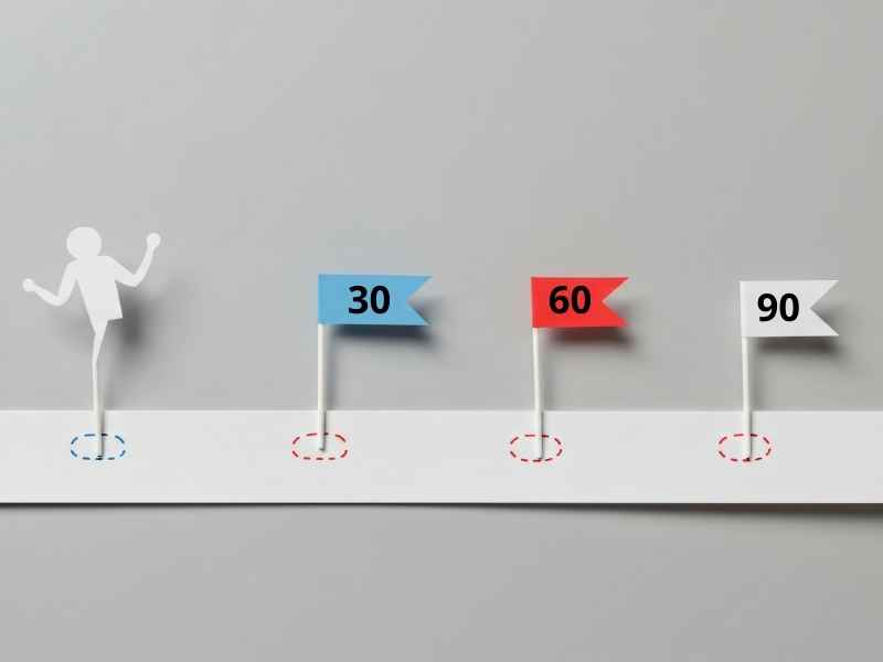 Paper timeline with flags labeled 30, 60, and 90 representing milestones of a structured onboarding plan.