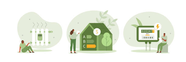 Sustainability illustration set. Characters monitoring private electricity and central heating meter and calculating household utility bill. Home energy efficiency audit concept. 