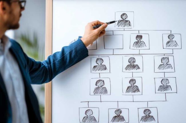 Hand pointing to an organizational chart on a whiteboard, representing clear leadership and accountability.