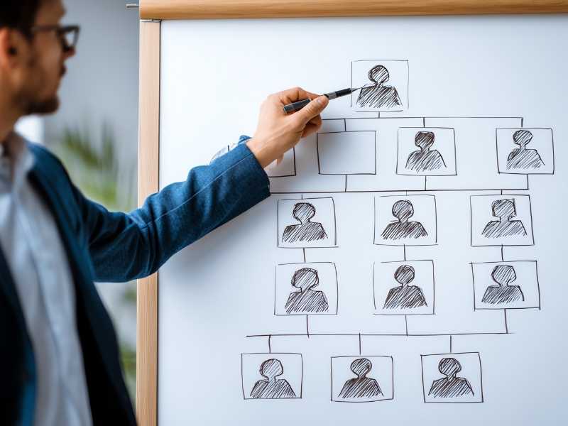 Hand pointing to an organizational chart on a whiteboard, representing clear leadership and accountability.