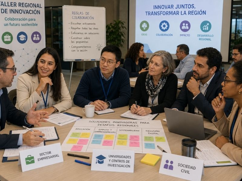 Business, university, and civil society representatives meet in a regional innovation workshop.