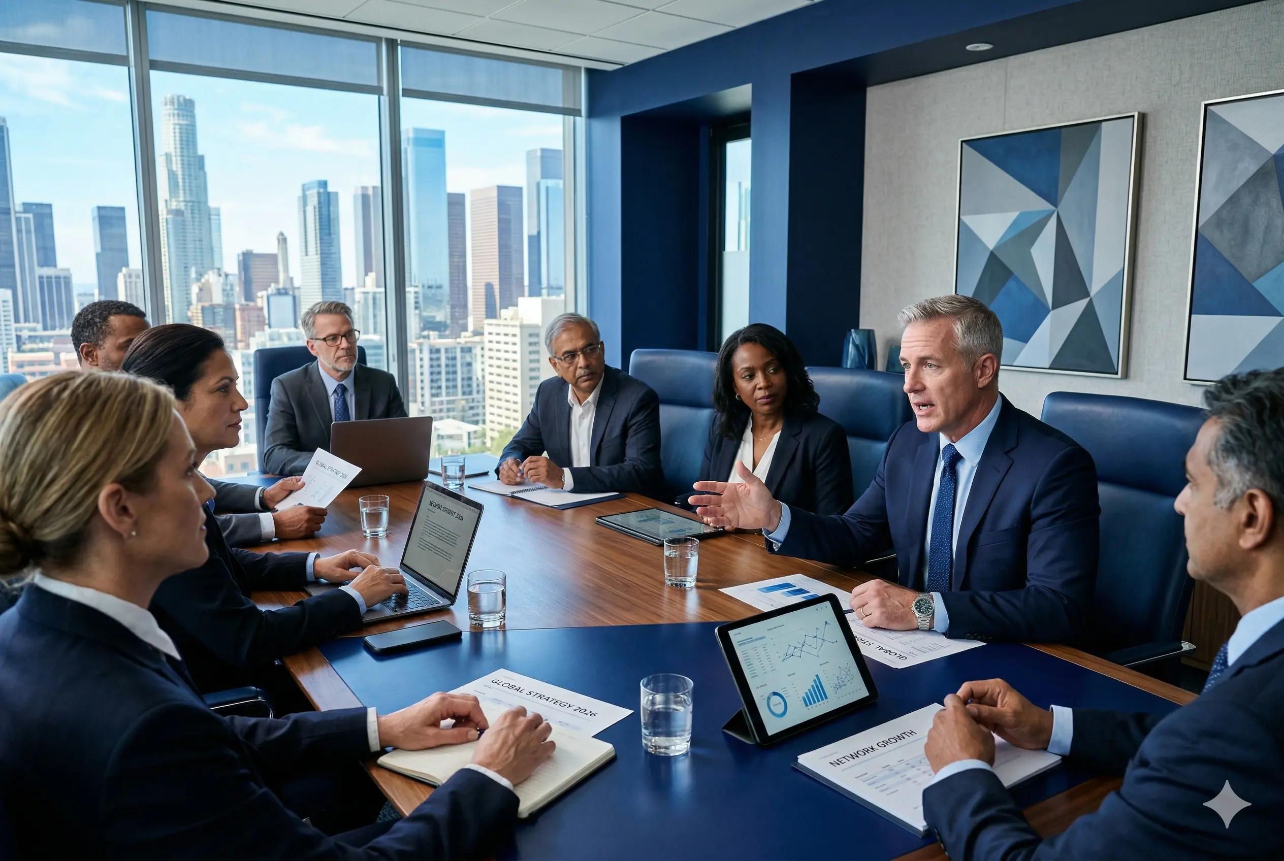 Company executives gathered in a boardroom reviewing business documents and discussing strategic decisions for corporate growth.