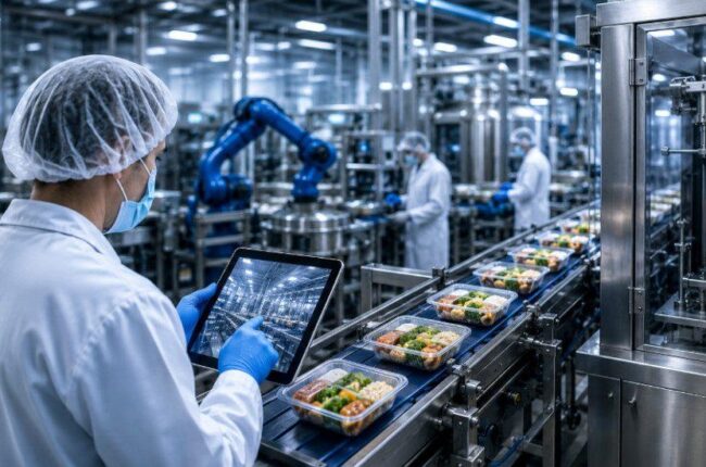 Food manufacturing technician using a digital tablet to monitor equipment and production processes inside a modern food factory.