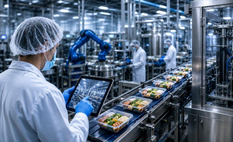 Food manufacturing technician using a digital tablet to monitor equipment and production processes inside a modern food factory.