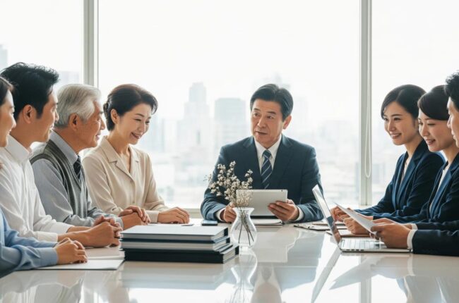 Business leaders from different generations discussing company strategy and governance during a meeting around a conference table.