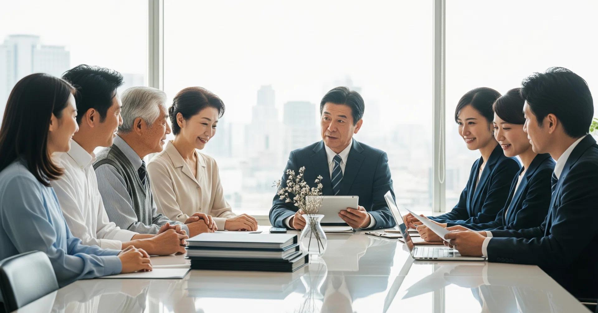 Business leaders from different generations discussing company strategy and governance during a meeting around a conference table.