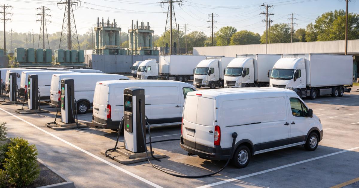 Electric delivery vehicles connected to charging stations at a commercial depot, illustrating fleet charging infrastructure.